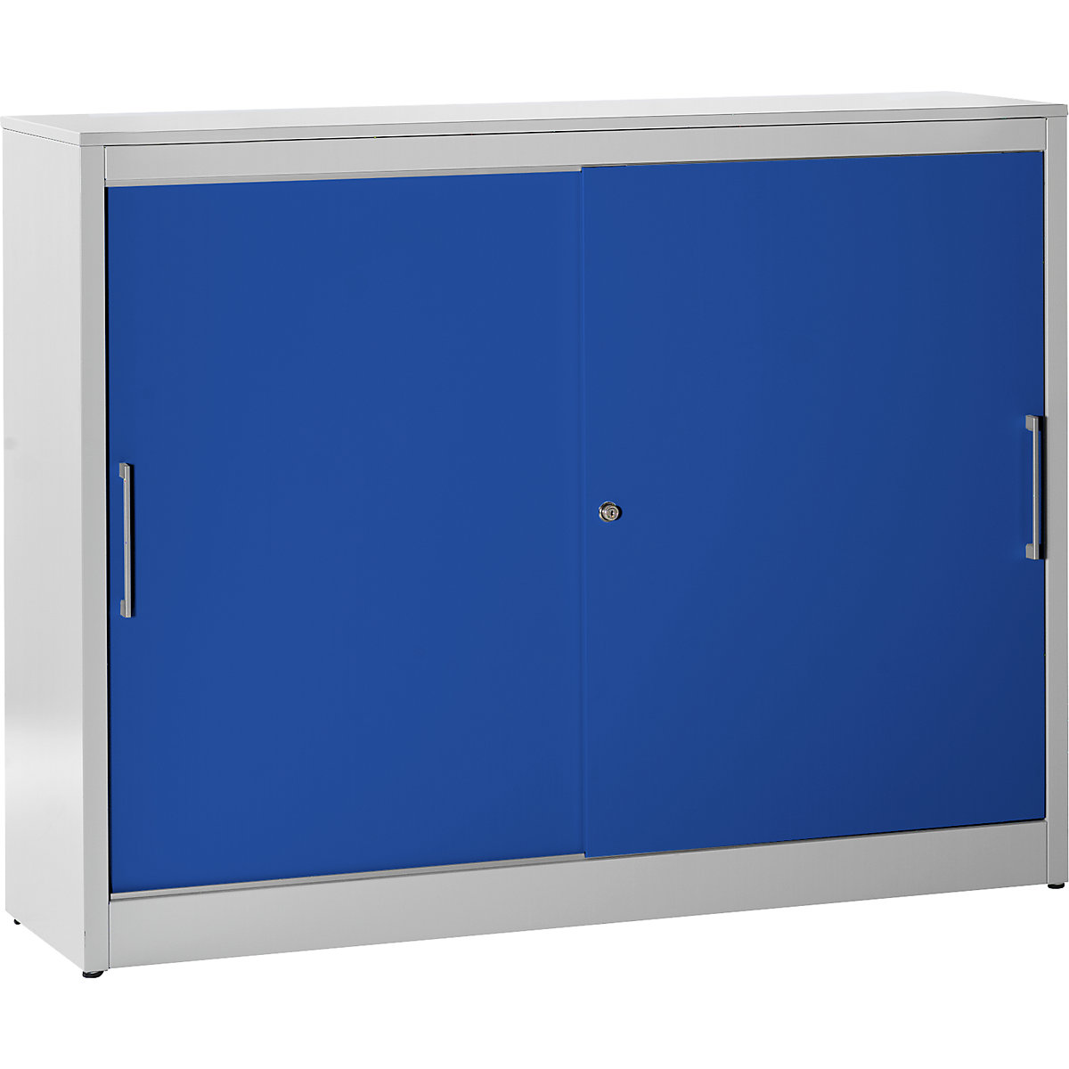 mauser – Skriňa s posuvnými dverami, bočná stena, 4 police, stredná deliaca stena, v x š x h 1240 x 1600 x 420 mm, svetlošedá / ultramarínová modrá