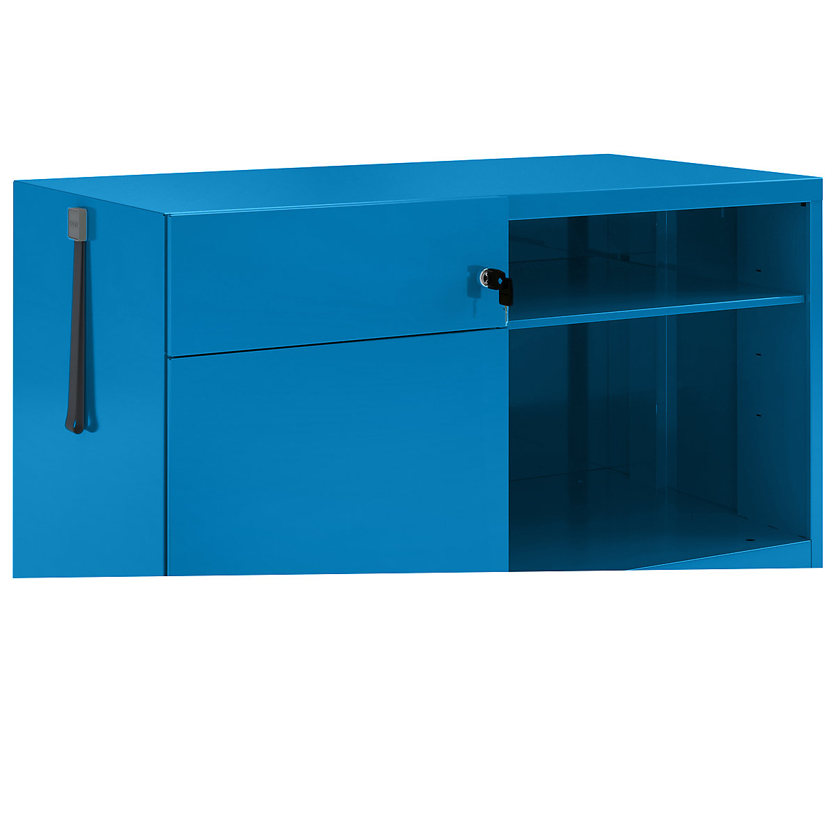 Note™ CADDY, v x š x h 563 x 900 x 490 mm – BISLEY, vľavo 1 univerzálna zásuvka a 1 zásuvka so závesnou registratúrou, modrá