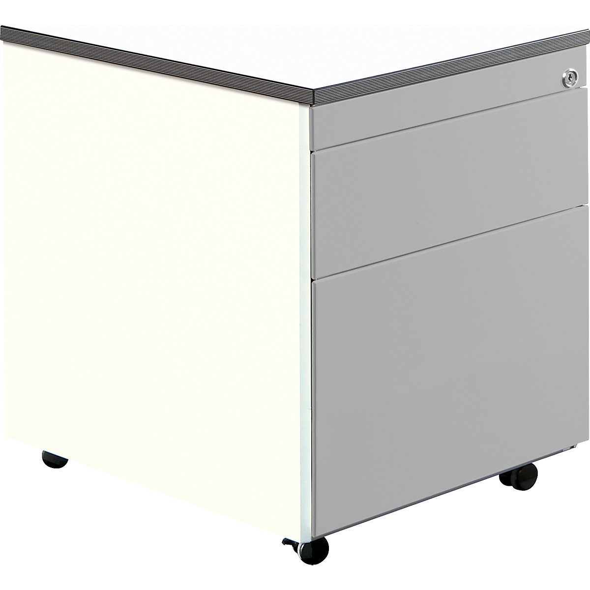 Zásuvkový kontajner s kolieskami – mauser, v x š 579 x 600 mm, 1 zásuvka na materiál, 1 závesná registratúra, čistá biela / strieborná / biela-5
