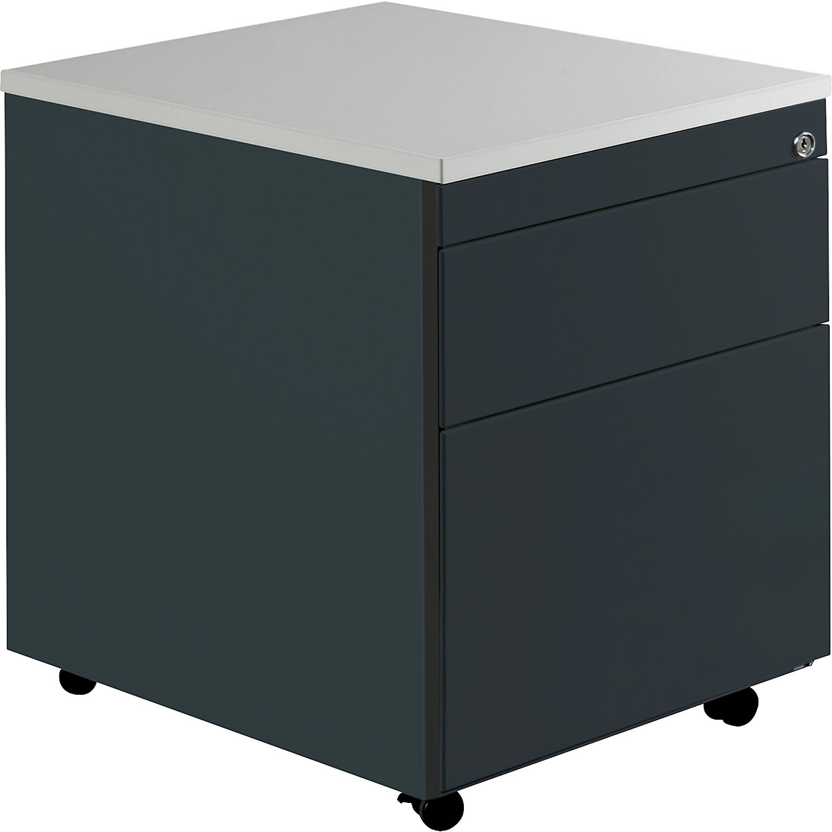 Zásuvkový kontajner s kolieskami – mauser, v x š 579 x 600 mm, 1 zásuvka na materiál, 1 závesná registratúra, antracitová / antracitová / svetlošedá-7