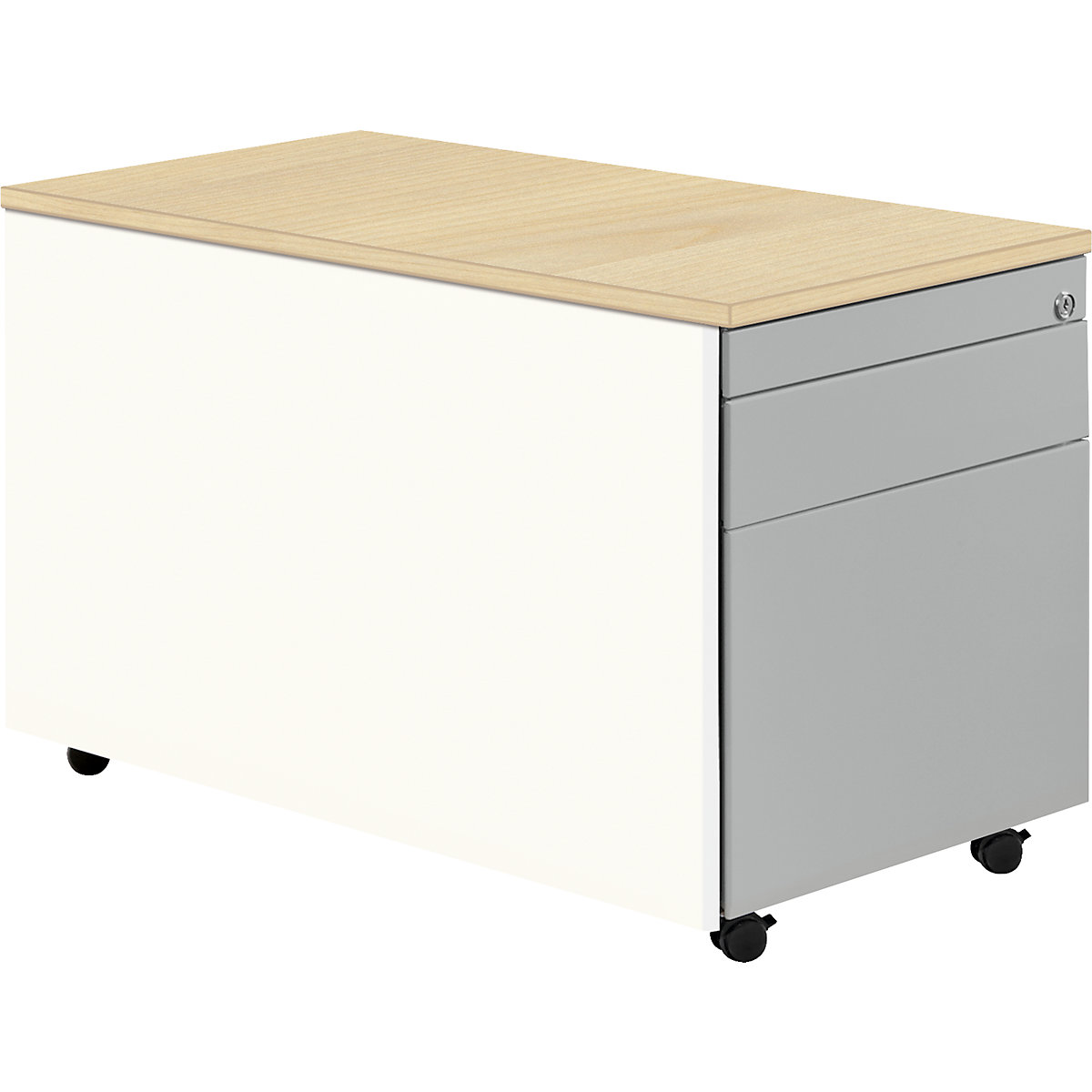 Zásuvkový kontajner s kolieskami – mauser, v x š 529 x 800 mm, 1 zásuvka na materiál, 1 závesná registratúra, čistá biela / strieborná / javor-5