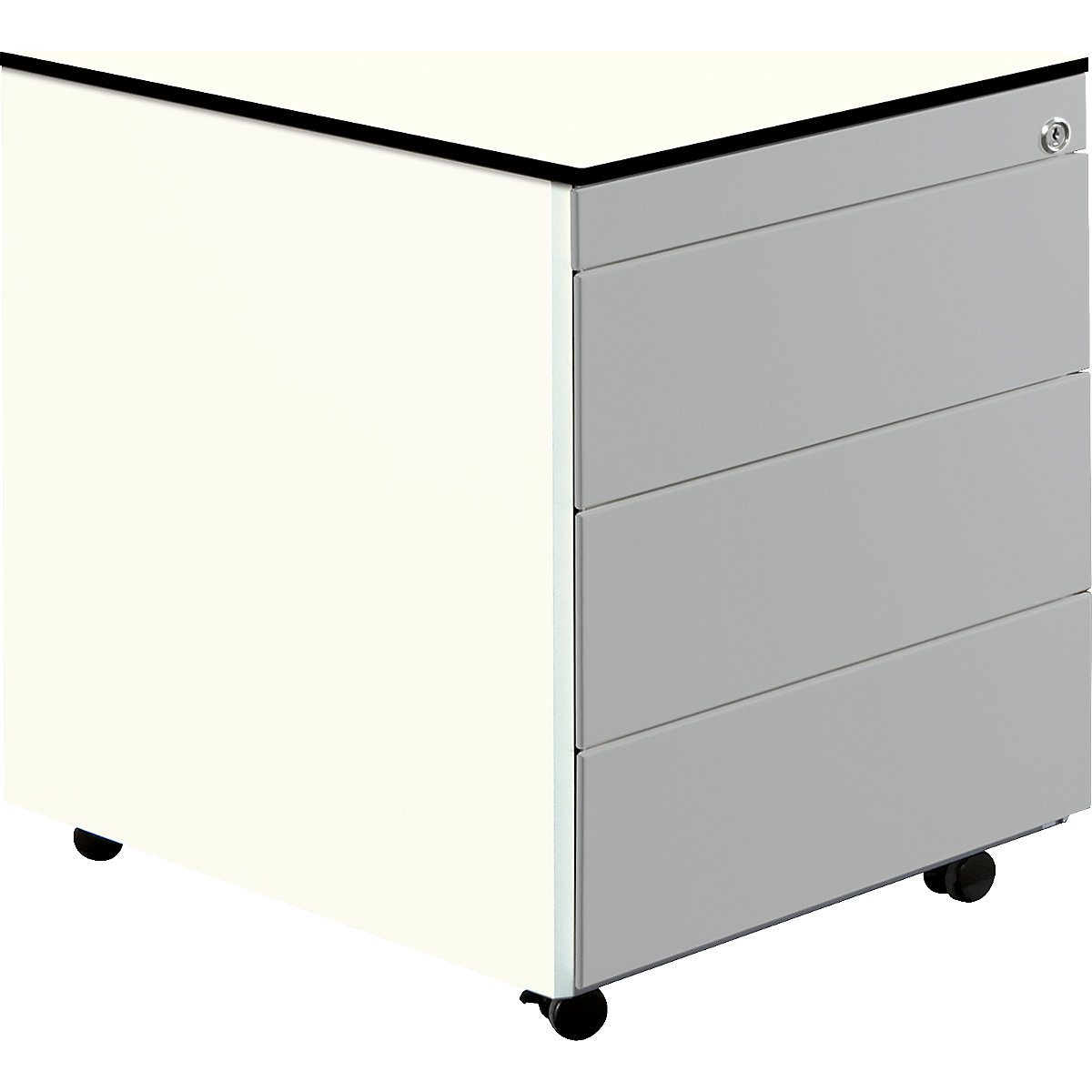 Zásuvkový kontajner s kolieskami – mauser, v x h 573 x 600 mm, doska HPL s plným jadrom, 3 zásuvky, čistá biela / strieborná / biela-3