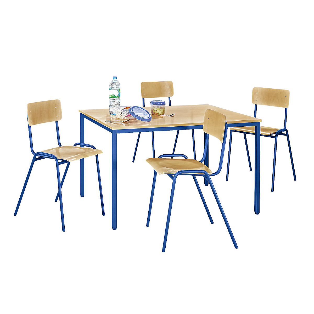 EUROKRAFTbasic – Viacúčelová sedacia súprava, 1 stôl, 4 stoličky, doska stola vzor buk, podstavec enciánová modrá