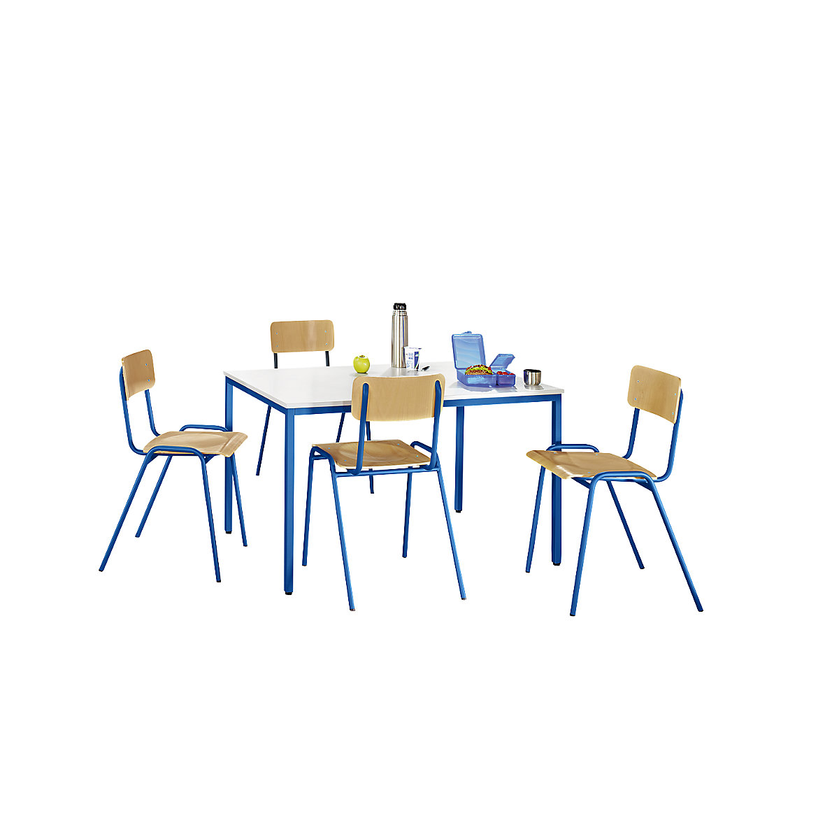 EUROKRAFTbasic – Viacúčelová sedacia súprava, 1 stôl, 4 stoličky, doska stola svetlošedá, podstavec enciánová modrá