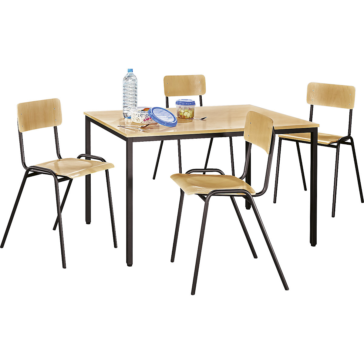 EUROKRAFTbasic – Viacúčelová sedacia súprava, 1 stôl, 4 stoličky, doska stola vzor buk, podstavec šedohnedá