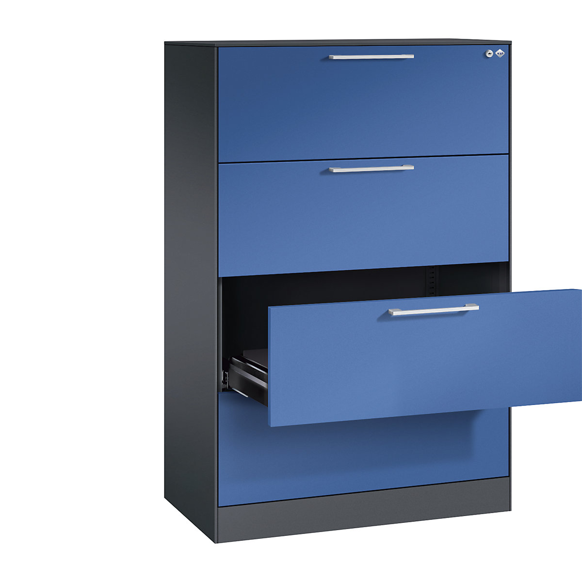 Kartotéková skriňa ASISTO – C+P, výška 1292 mm, so 4 zásuvkami, DIN A4 na šírku, čiernošedá/enciánová modrá-12