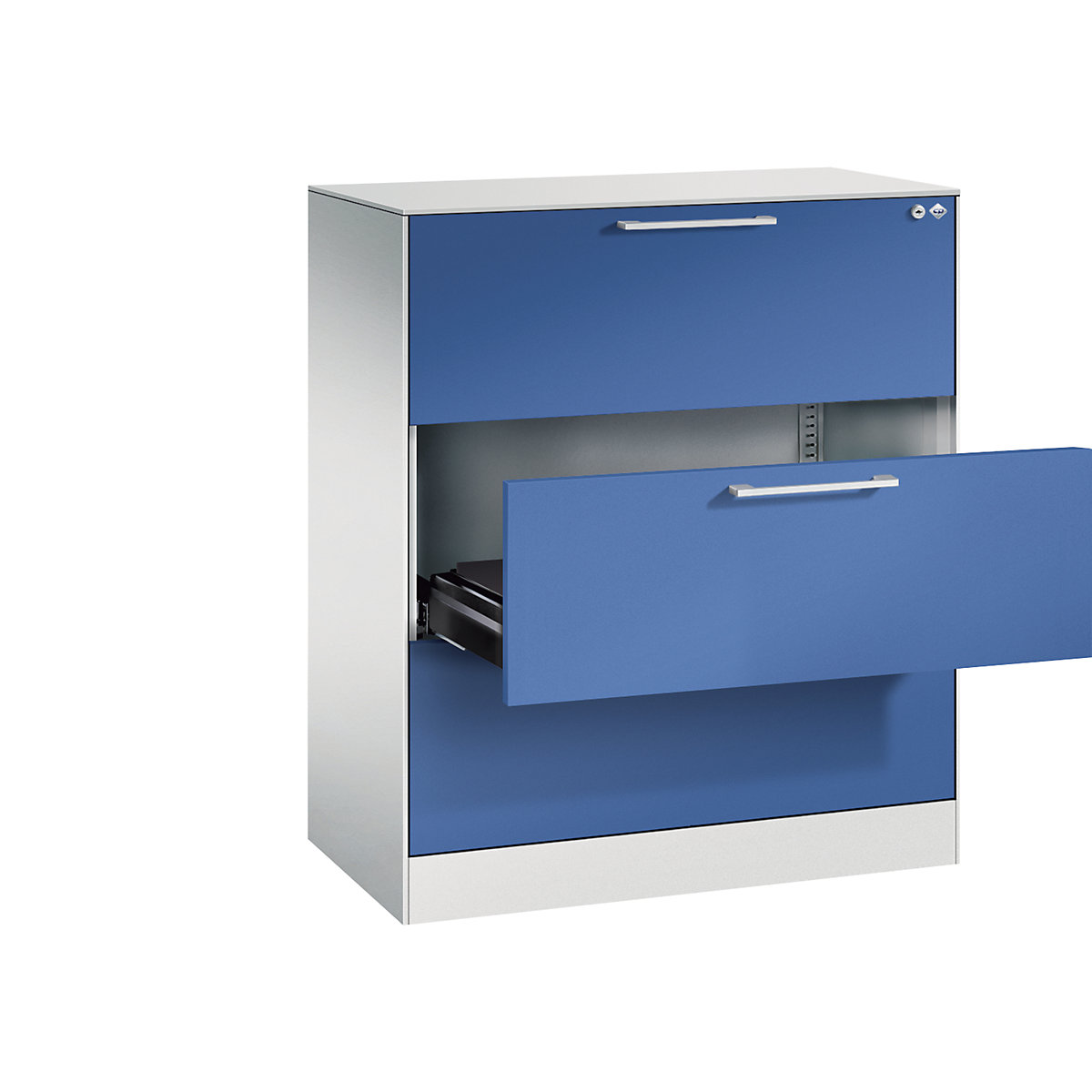 Kartotéková skriňa ASISTO – C+P, výška 992 mm, s 3 zásuvkami, DIN A4 na šírku, svetlošedá/enciánová modrá-10