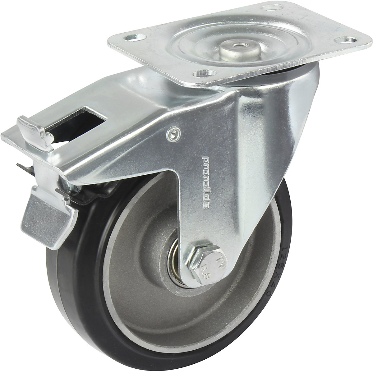 Elastická celogumová obruč, čierná – Proroll, Ø x šírka kolesa 100 x 40 mm, voštinový disk, otočné koliesko s dvojitou brzdou-6