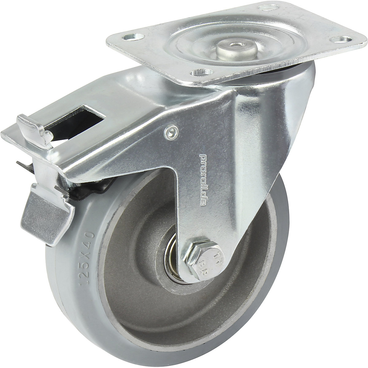 Elastická celogumová obruč, šedá – Proroll, Ø x šírka kolesa 100 x 40 mm, voštinový disk, otočné koliesko s dvojitou brzdou-3