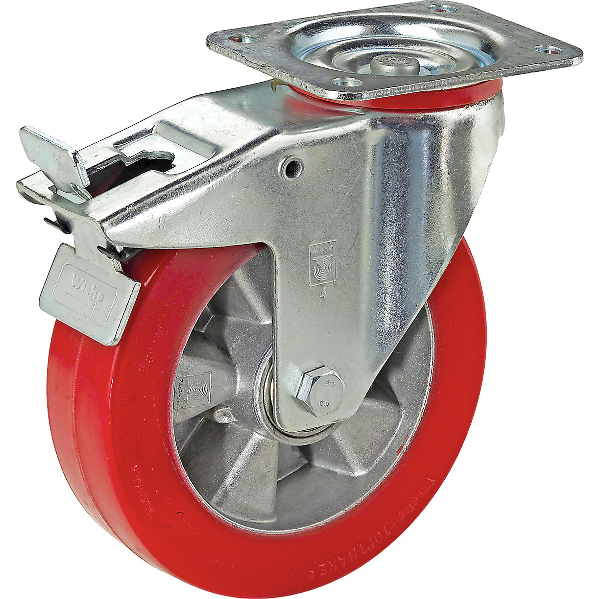 Polyuretánová obruč na hliníkovom disku – Wicke, Ø x šírka kolesa 100 x 40 mm, otočné koliesko s dvojitou brzdou, nosnosť 200 kg-4