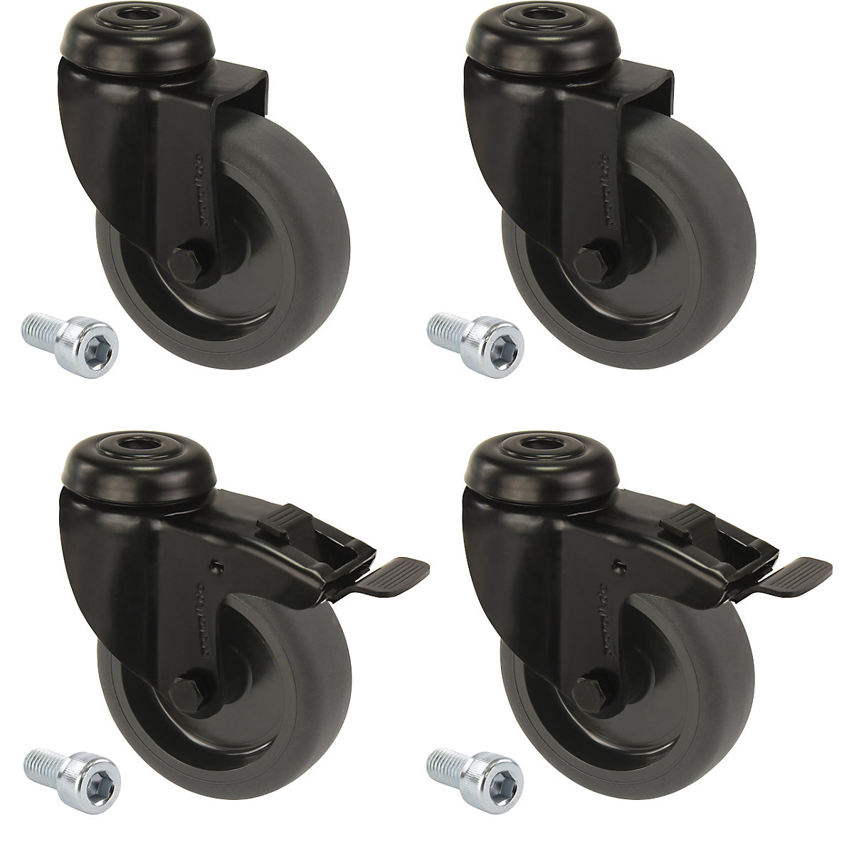 Črno termoplastično gumijasto kolo, natično z luknjo, komplet – Proroll, 4 vrtljiva kolesa, od tega 2 z dvojno zavoro, kolo Ø x širina 75 x 23 mm-3