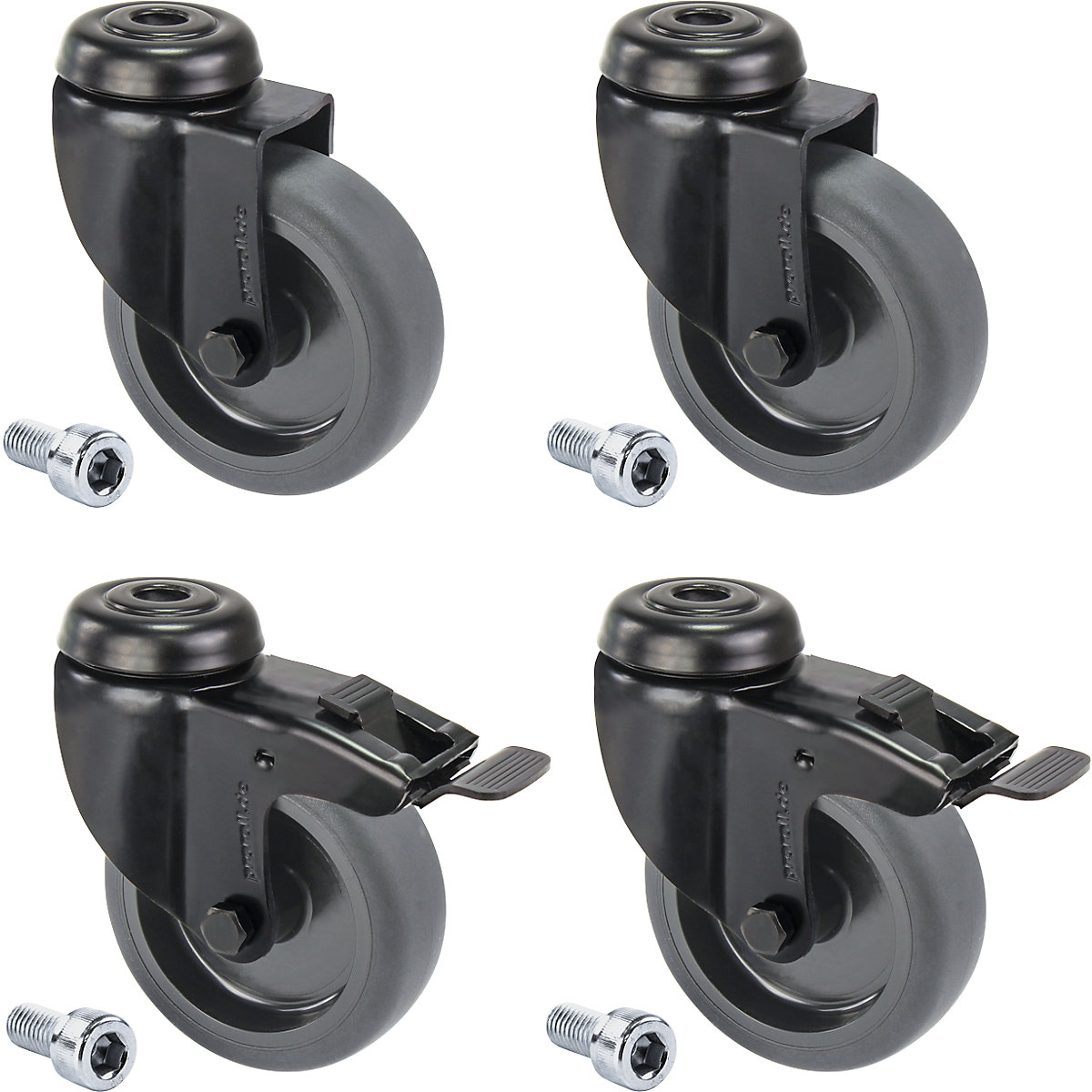 Črno termoplastično gumijasto kolo, natično z luknjo, komplet – Proroll, 4 vrtljiva kolesa, od tega 2 z dvojno zavoro, kolo Ø x širina 100 x 25 mm-2