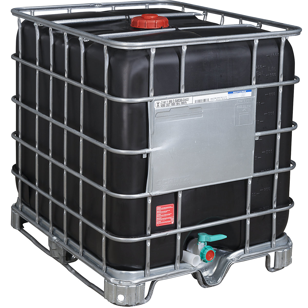 IBC kontejner RECOBULK s UV zaštitom i UN dozvolom, volumen 1000 l, od palete čeličnih kliznika, nazivni promjer otvora 150 mm / nazivni promjer izlaza 50 mm