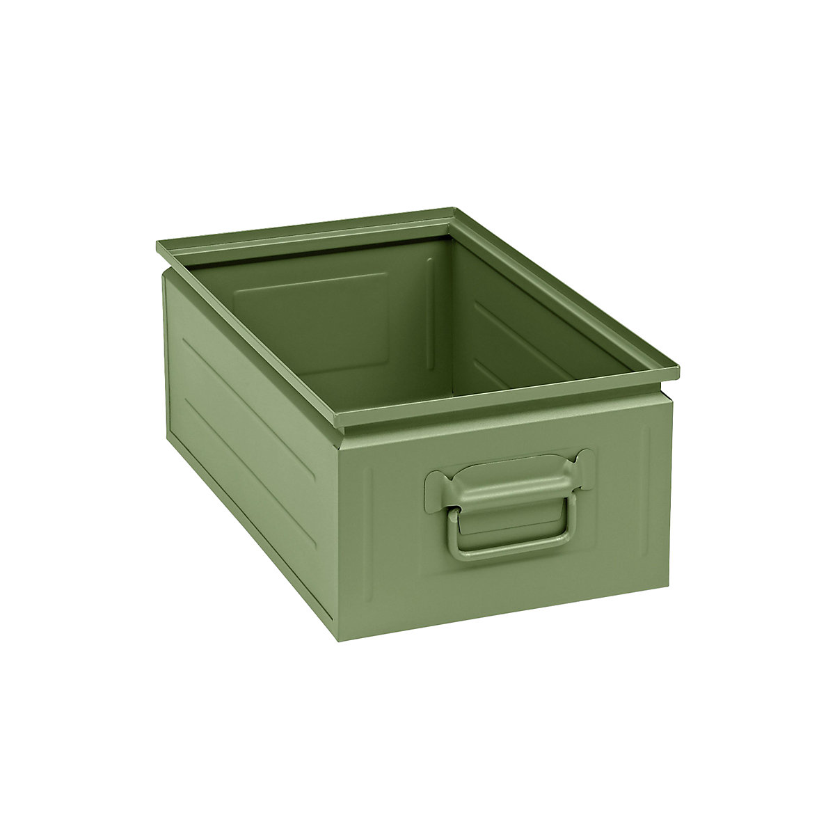 Kutija za slaganje od čeličnog lima, volumen otprilike 30 l, u rezeda zelenoj boji RAL 6011