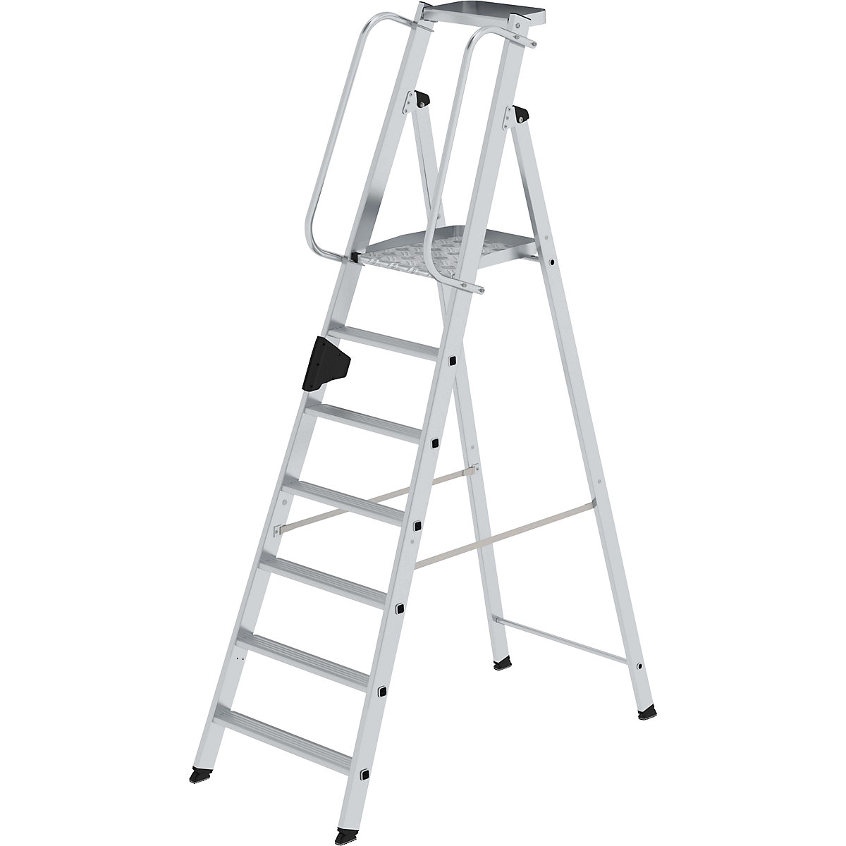 Aluminium bokladder met groot platform – MUNK, leuning, tweezijdig, 7 treden incl. platform-8