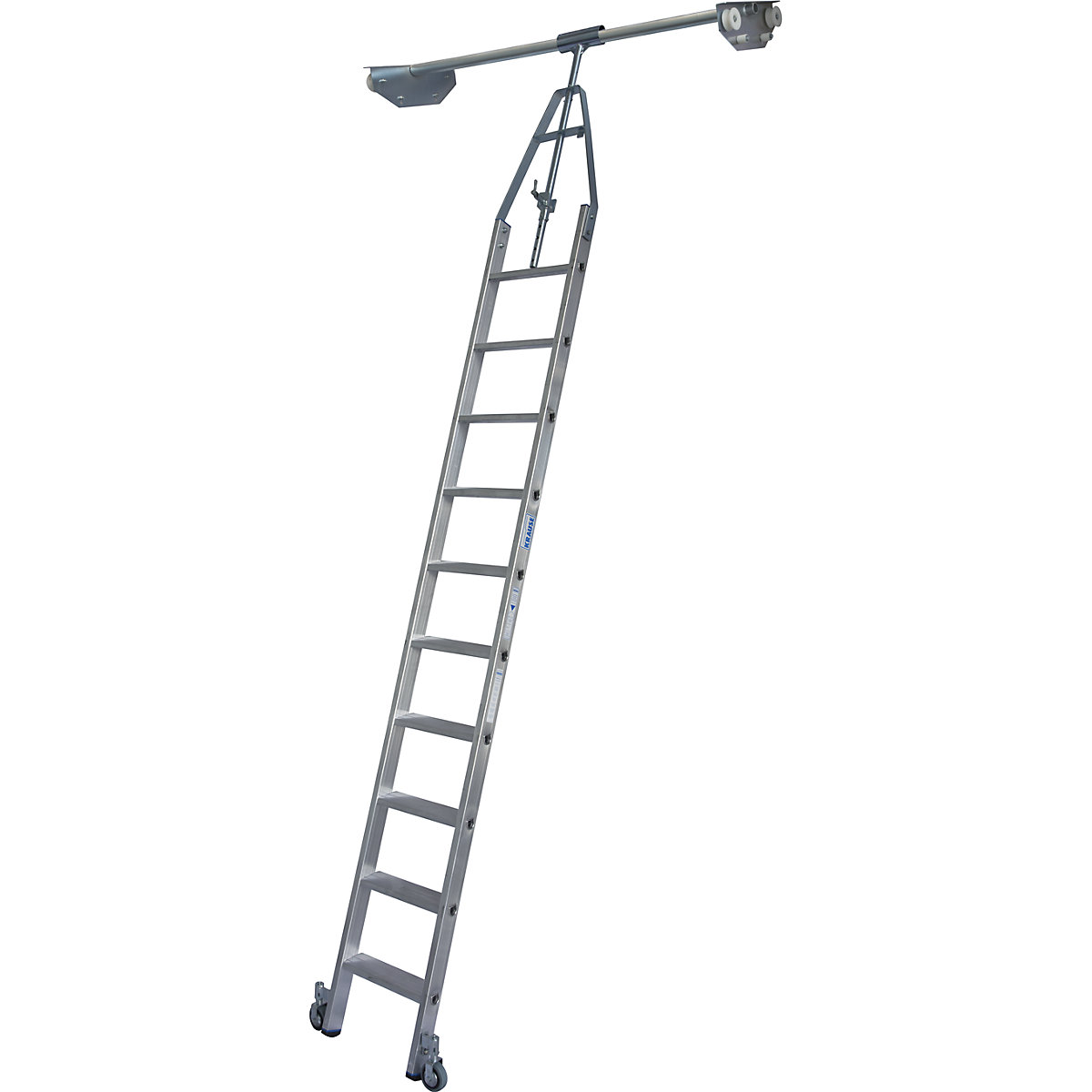 Step shelf ladder – KRAUSE, double sided shelf unit with wheel unit on top for round tubing rail system, 10 steps-5