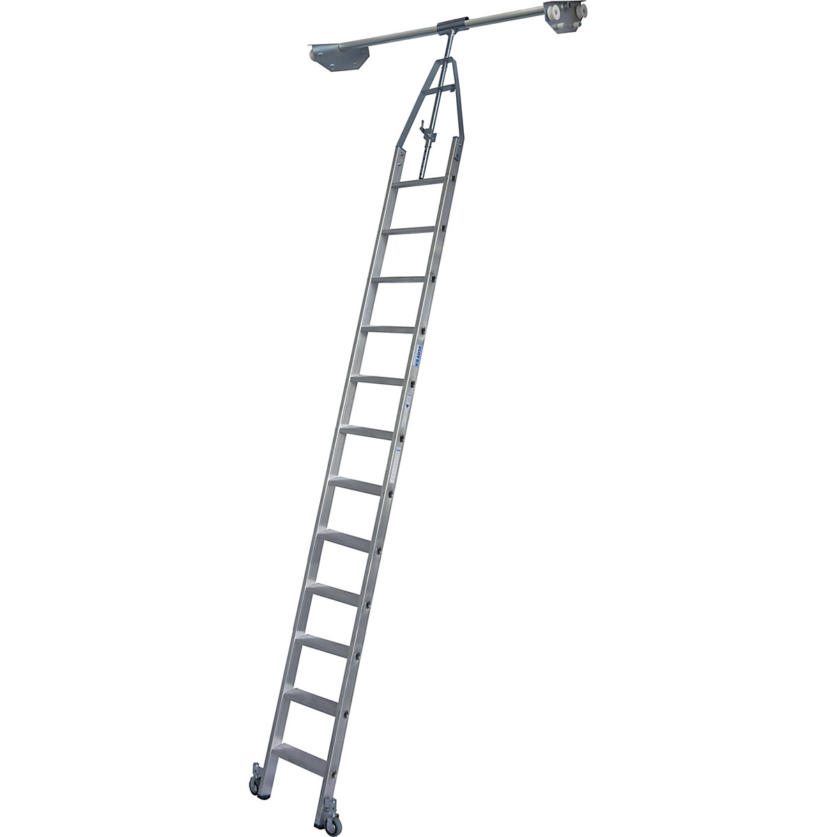 Step shelf ladder – KRAUSE, double sided shelf unit with wheel unit on top for round tubing rail system, 12 steps-4