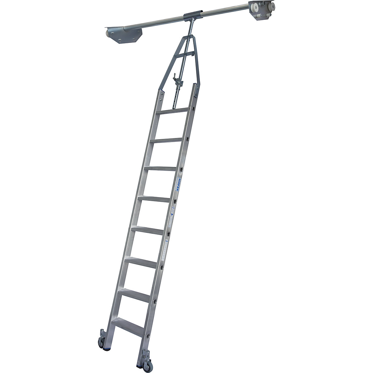 Step shelf ladder – KRAUSE, double sided shelf unit with wheel unit on top for round tubing rail system, 8 steps-7