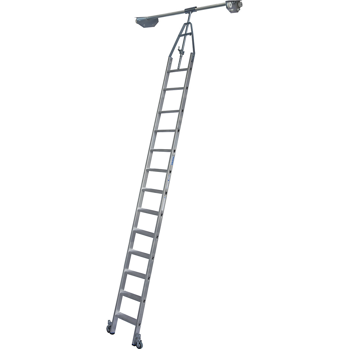 Step shelf ladder – KRAUSE, double sided shelf unit with wheel unit on top for round tubing rail system, 13 steps-9