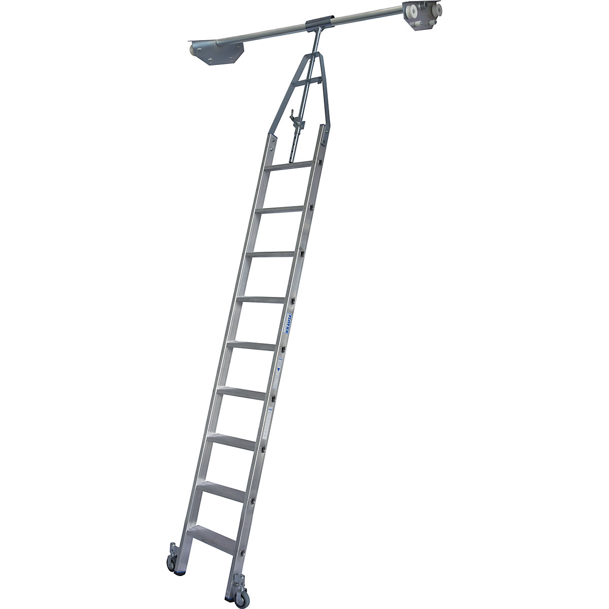 Step shelf ladder – KRAUSE, double sided shelf unit with wheel unit on top for round tubing rail system, 9 steps-8