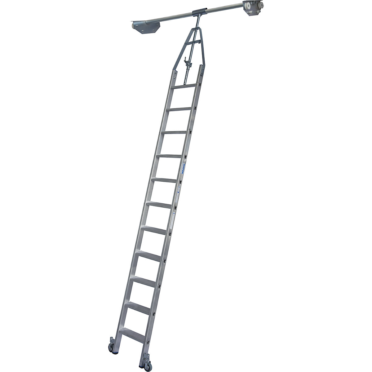 Step shelf ladder – KRAUSE, double sided shelf unit with wheel unit on top for round tubing rail system, 11 steps-2