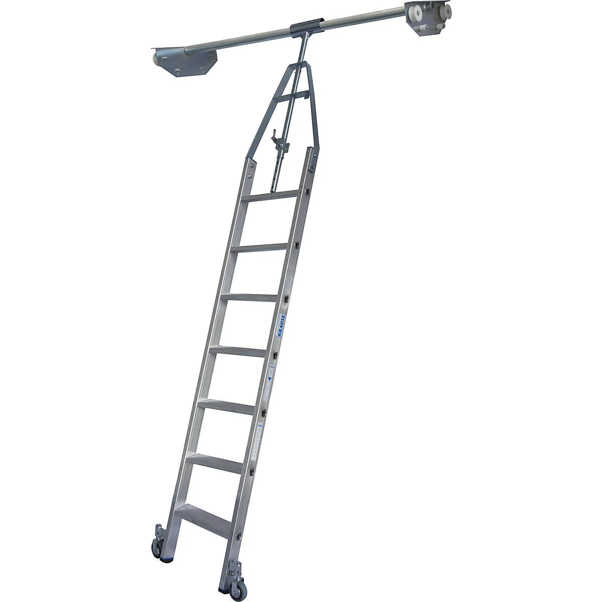 Step shelf ladder – KRAUSE, double sided shelf unit with wheel unit on top for round tubing rail system, 7 steps-3