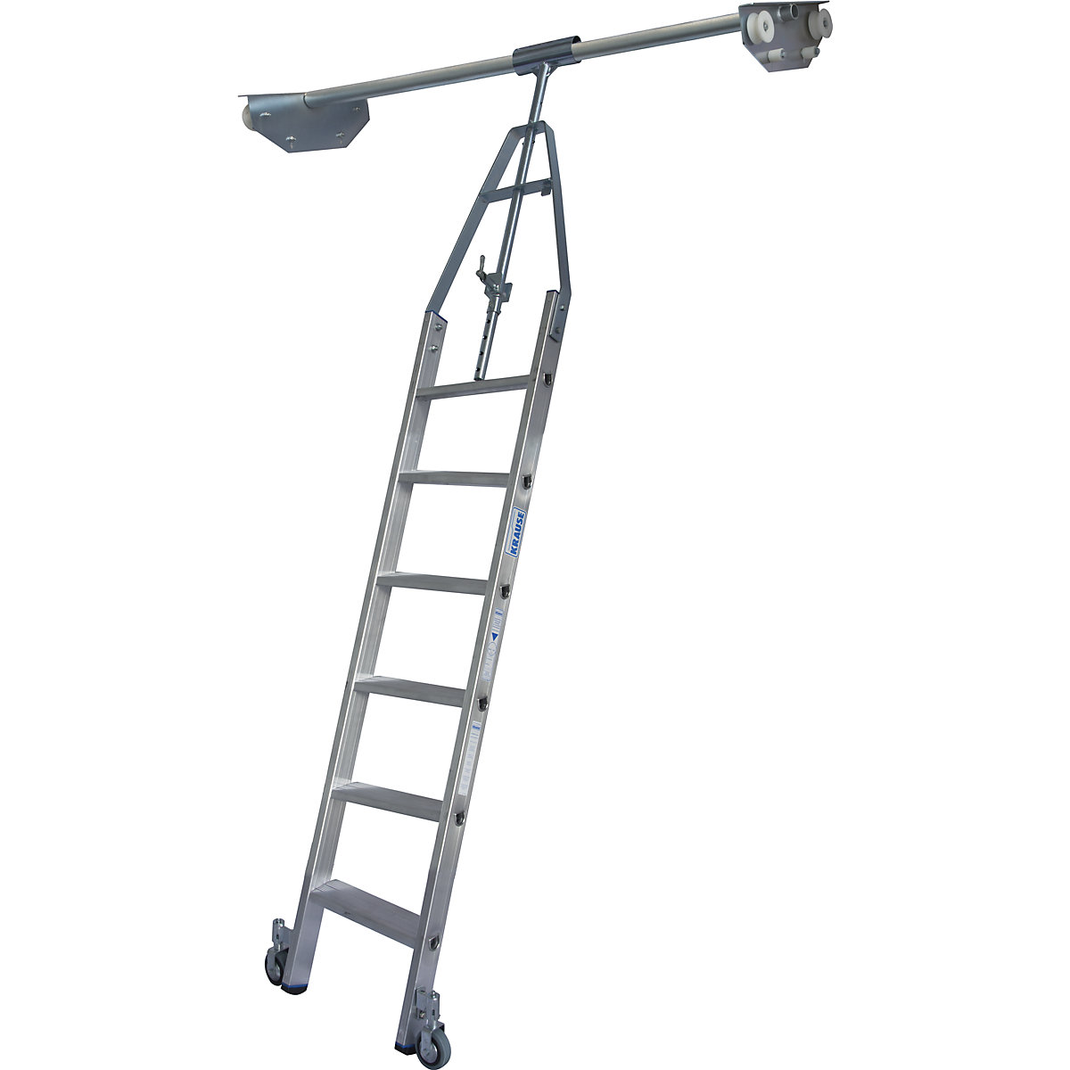 Step shelf ladder – KRAUSE, double sided shelf unit with wheel unit on top for round tubing rail system, 6 steps-6