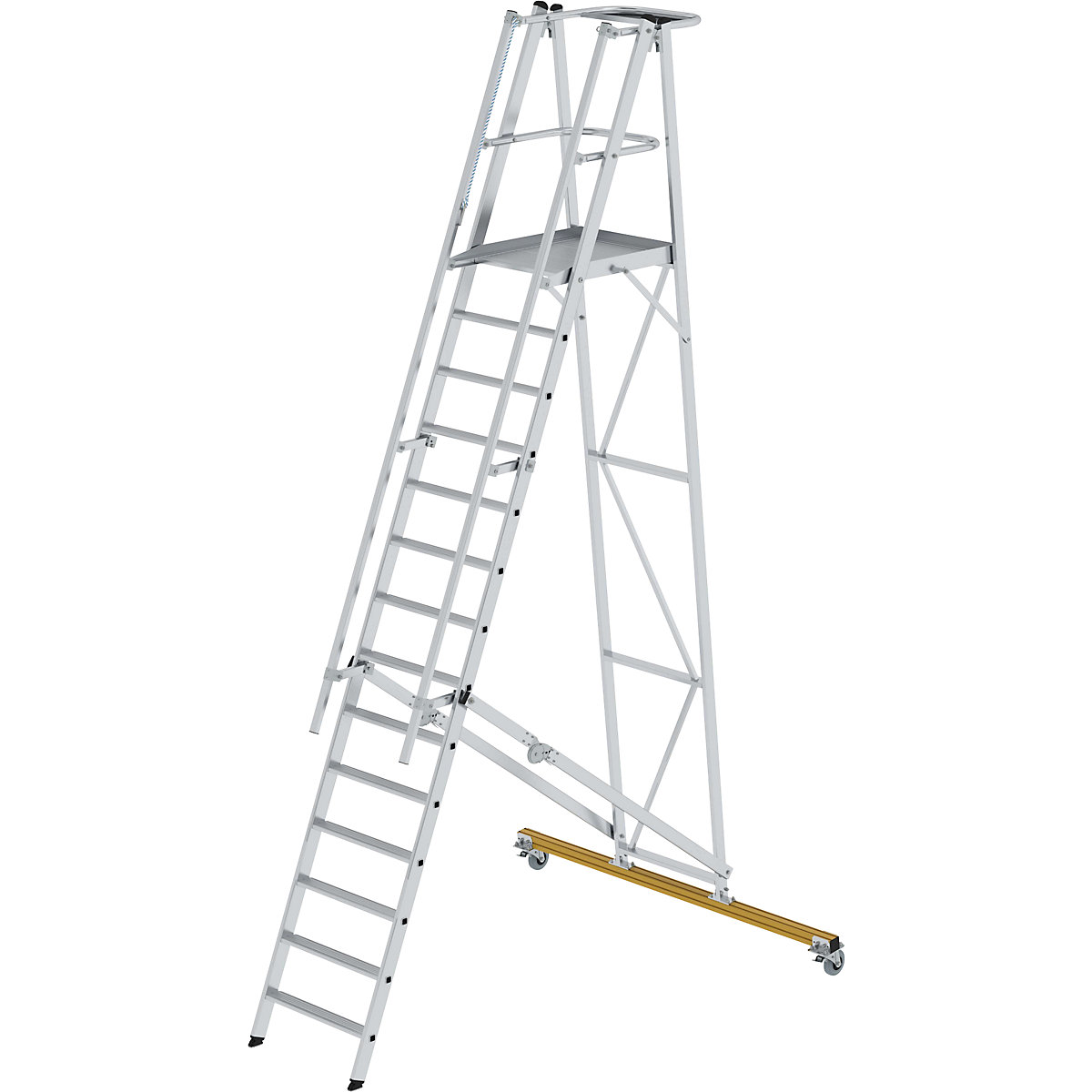 Aluminium folding safety steps, mobile – MUNK, with 3-sided platform railing, 14 rungs incl. platform-5