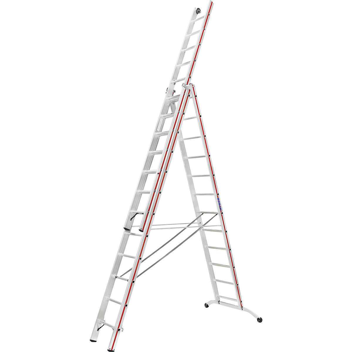 Aluminium multi-purpose ladder – HYMER, industrial model with wheels on top, 3 x 12 rungs, max. working height 9.34 m-10