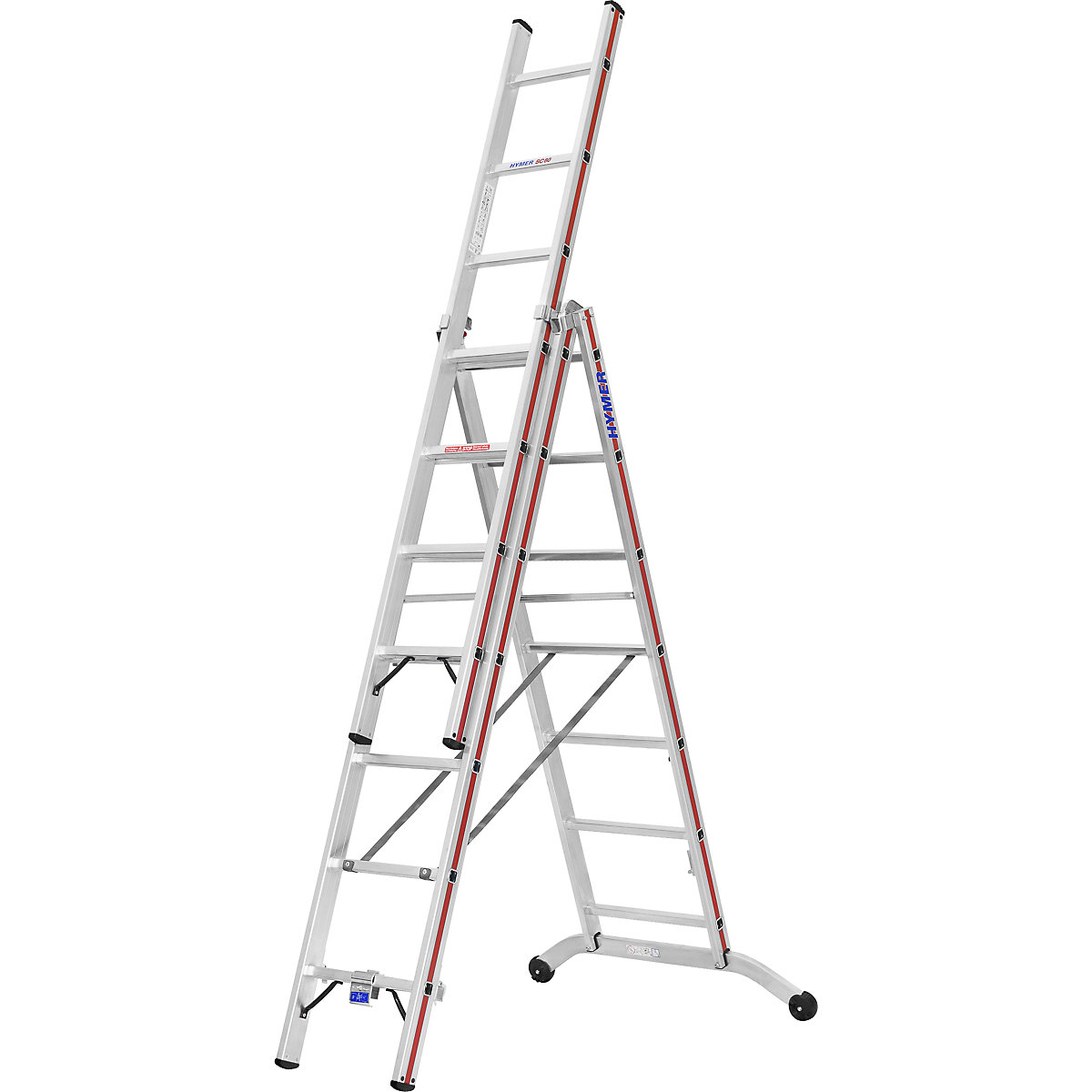 Aluminium multi-purpose ladder – HYMER, industrial model, 3 x 7 rungs, max. working height 5.80 m-11