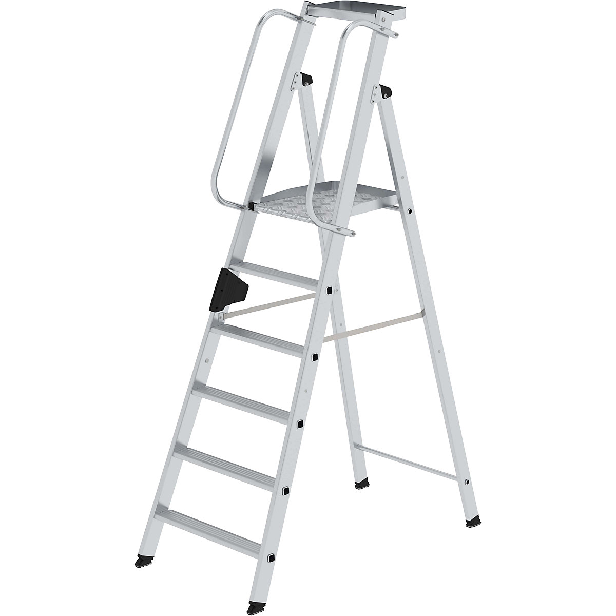 Aluminium step ladder with large platform – MUNK, hand rail on both sides, 6 steps inclusive platforms