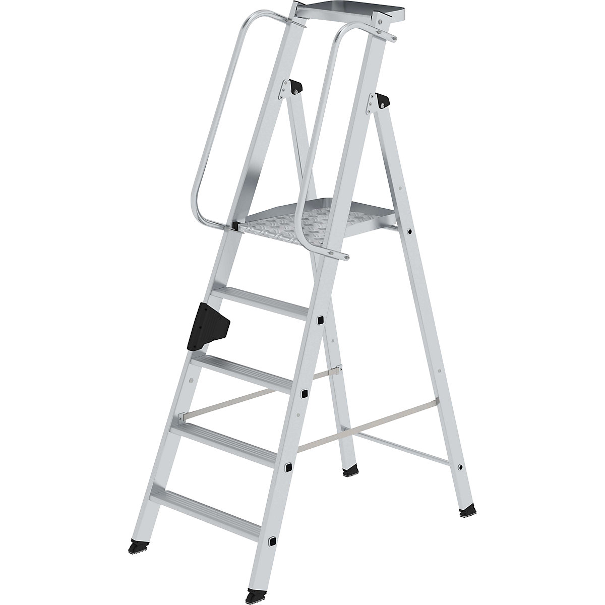 Aluminium step ladder with large platform – MUNK, hand rail on both sides, 5 steps inclusive platforms