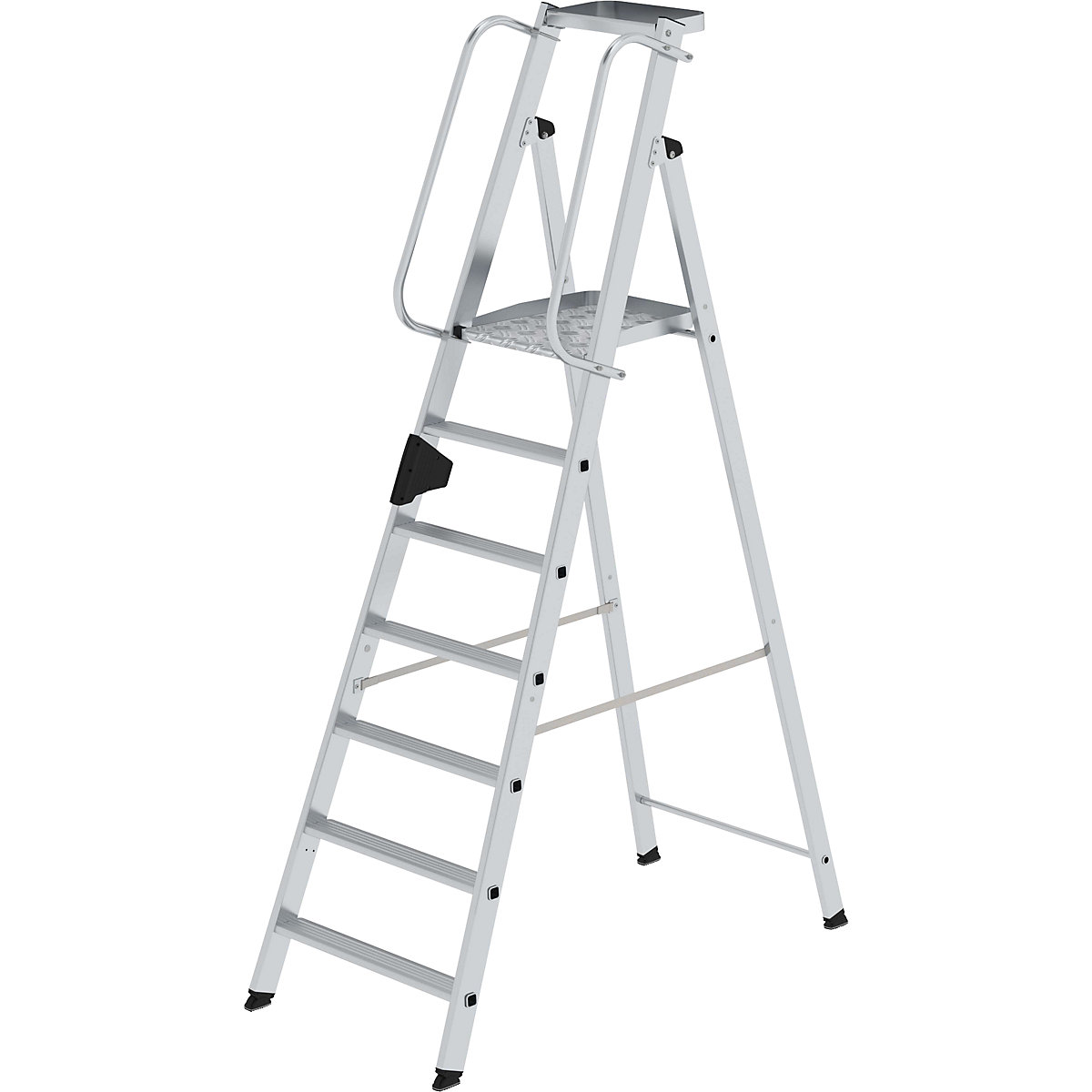 Aluminium step ladder with large platform – MUNK, hand rail on both sides, 7 steps inclusive platforms