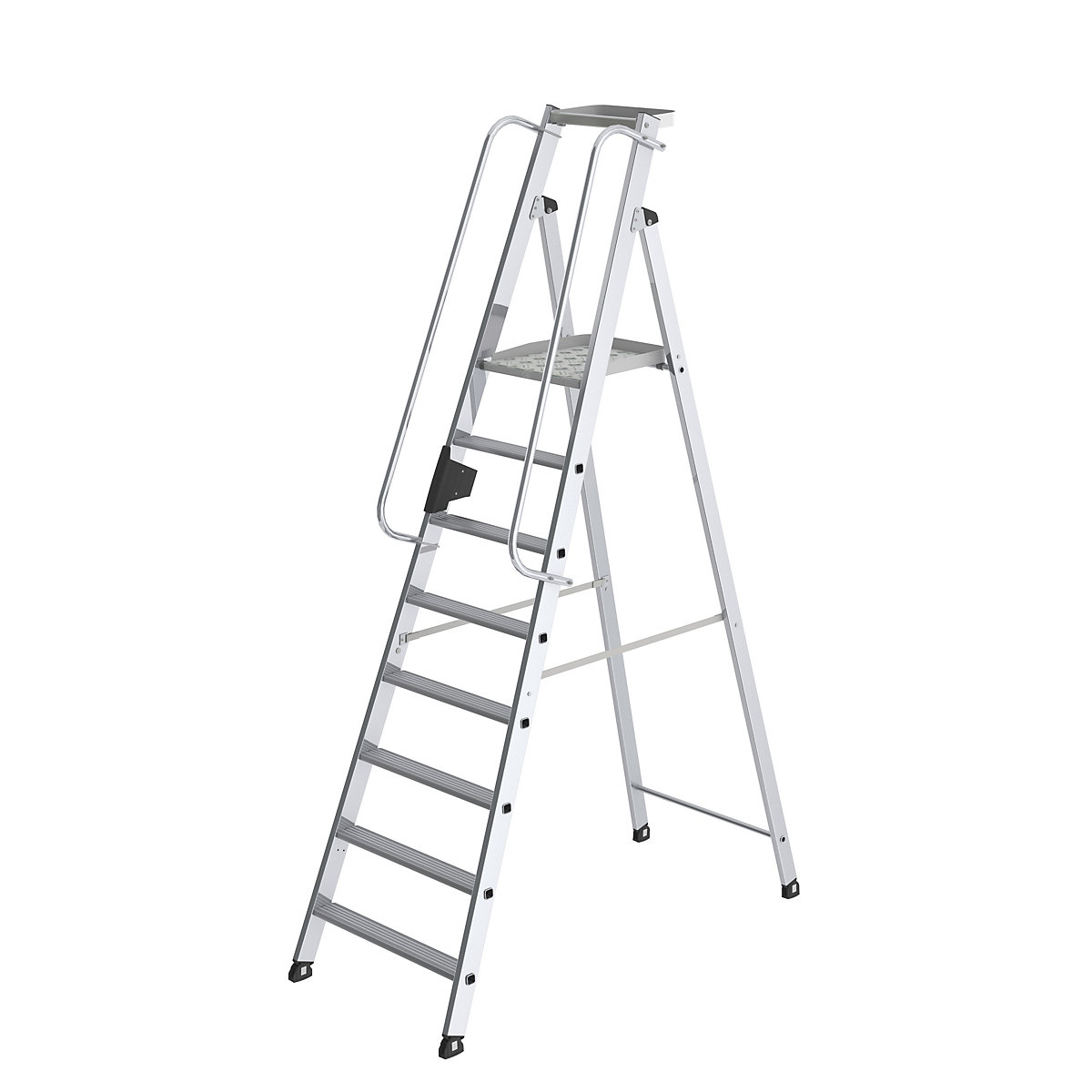 Aluminium step ladder with large platform – MUNK, hand rail on both sides, 8 steps inclusive platforms