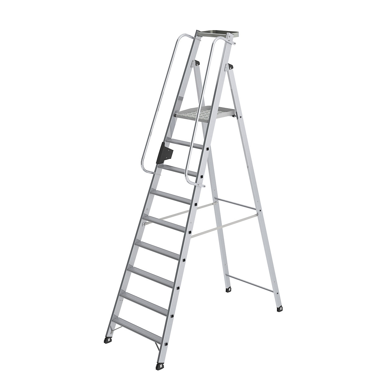 Aluminium step ladder with large platform – MUNK, hand rail on both sides, 9 steps inclusive platforms-11
