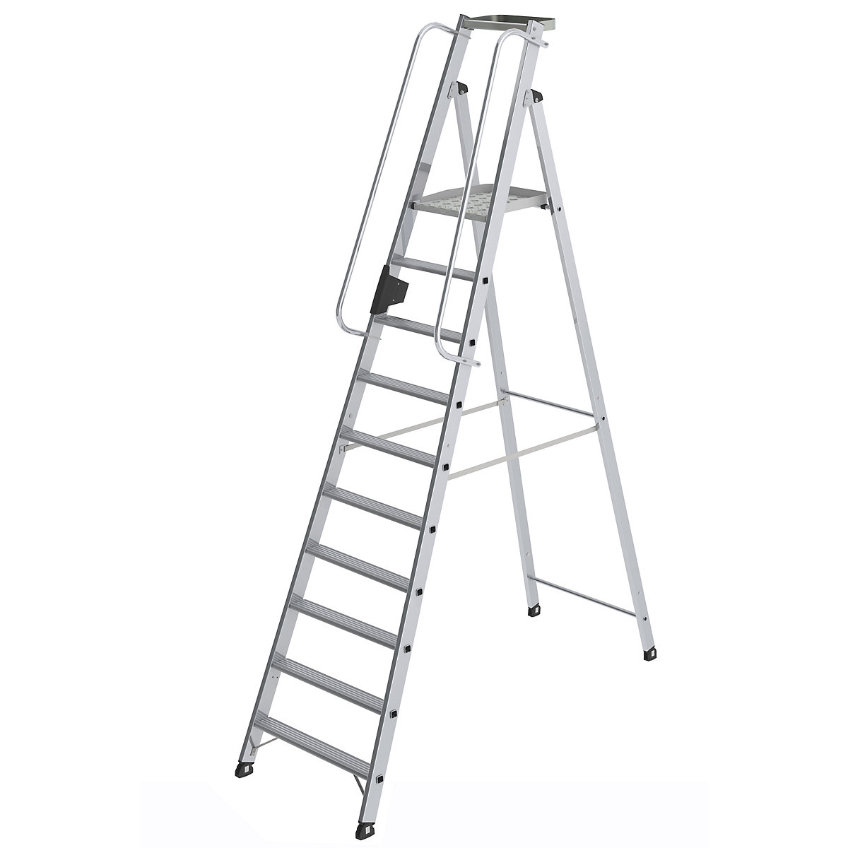 Aluminium step ladder with large platform – MUNK, hand rail on both sides, 10 steps incl. platform