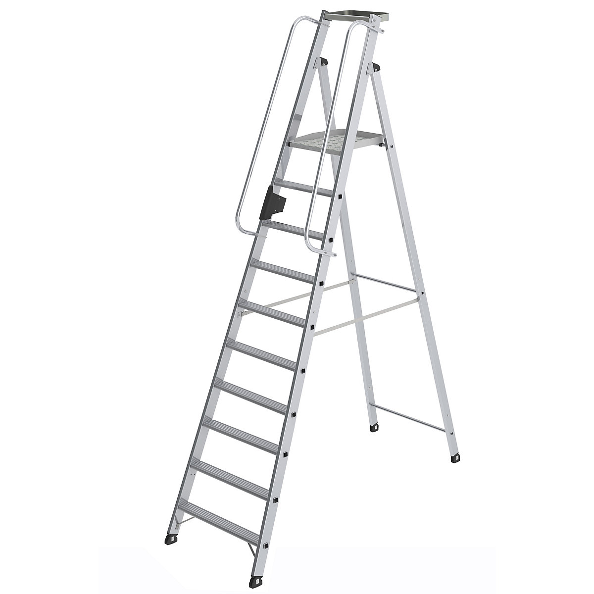 Aluminium step ladder with large platform – MUNK, hand rail on both sides, 10 steps incl. platform-8