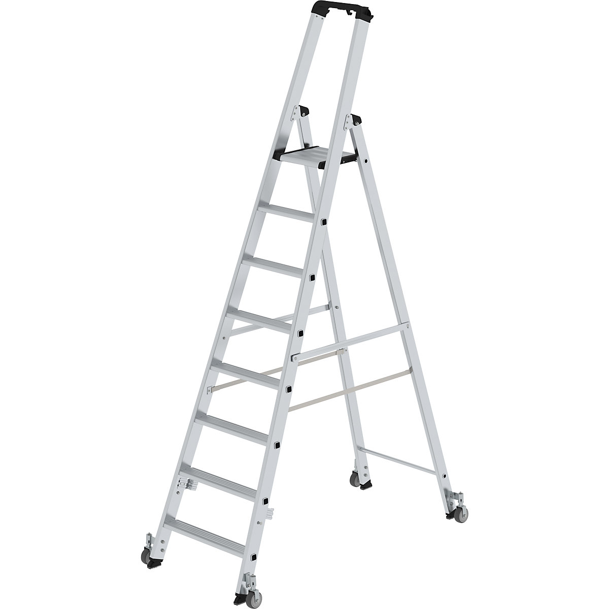 Step ladder, single sided – MUNK, mobile model, 8 steps, platform height 1870 mm-8