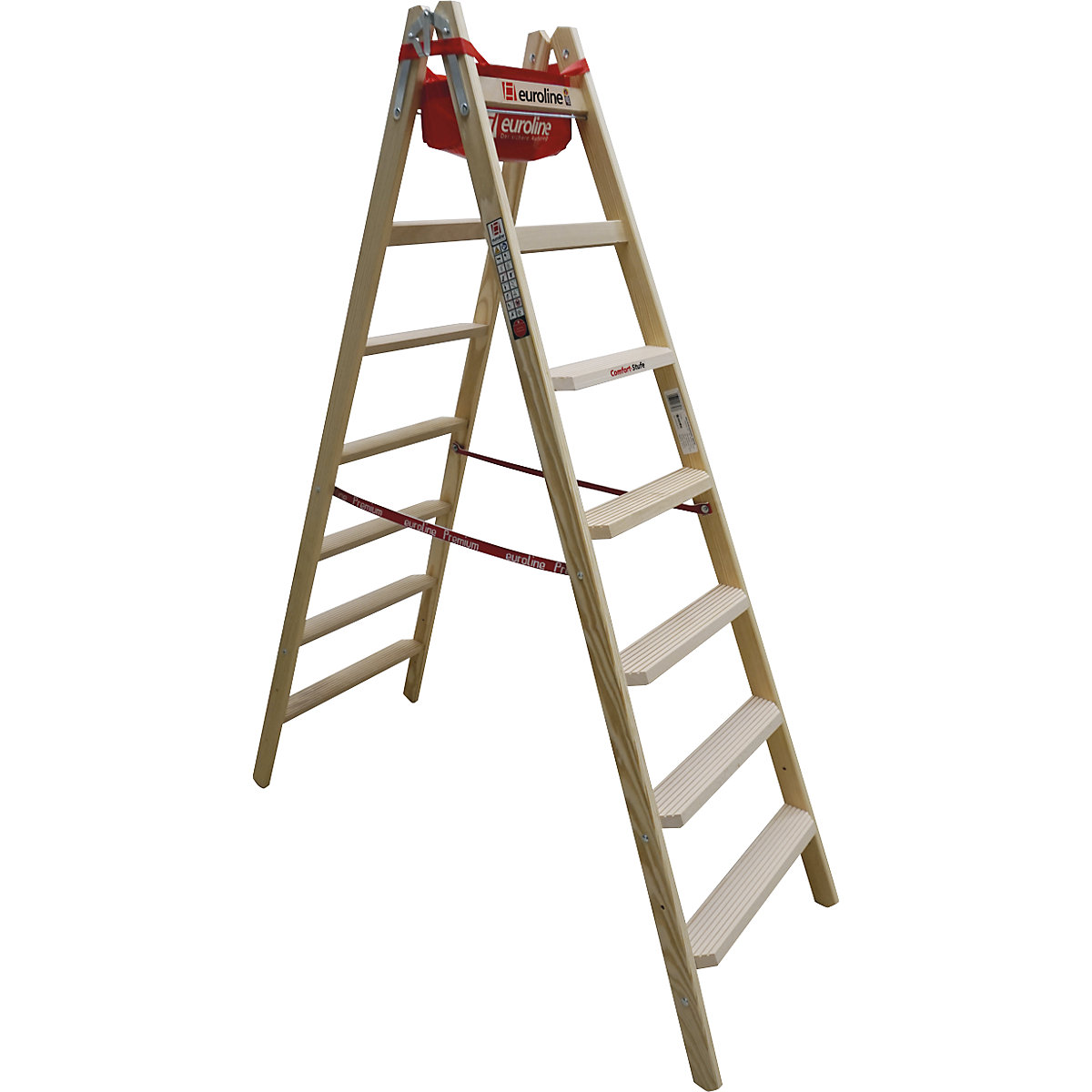 Wooden step ladder with comfort steps – euroline, double sided access, 2 x 7 steps-2