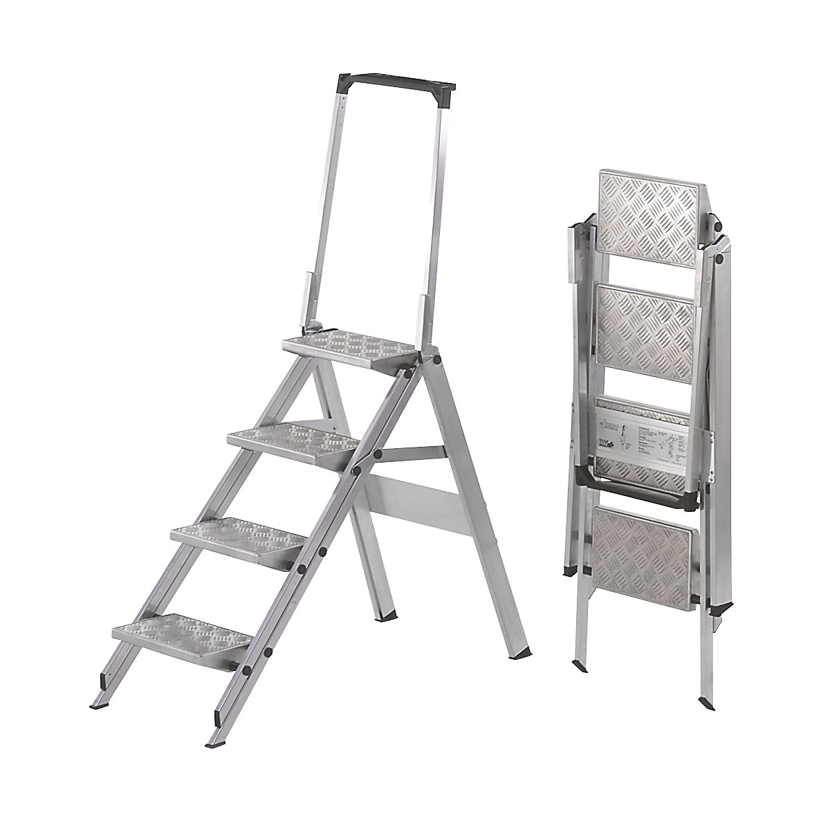 Aluminium folding steps, ribbed aluminium steps, with safety rail, 4 steps-14