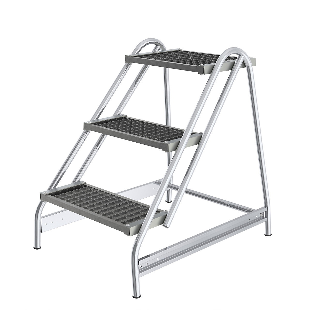 Aluminium work platform – MUNK, steps made of steel grate, single sided access, 3 steps-4