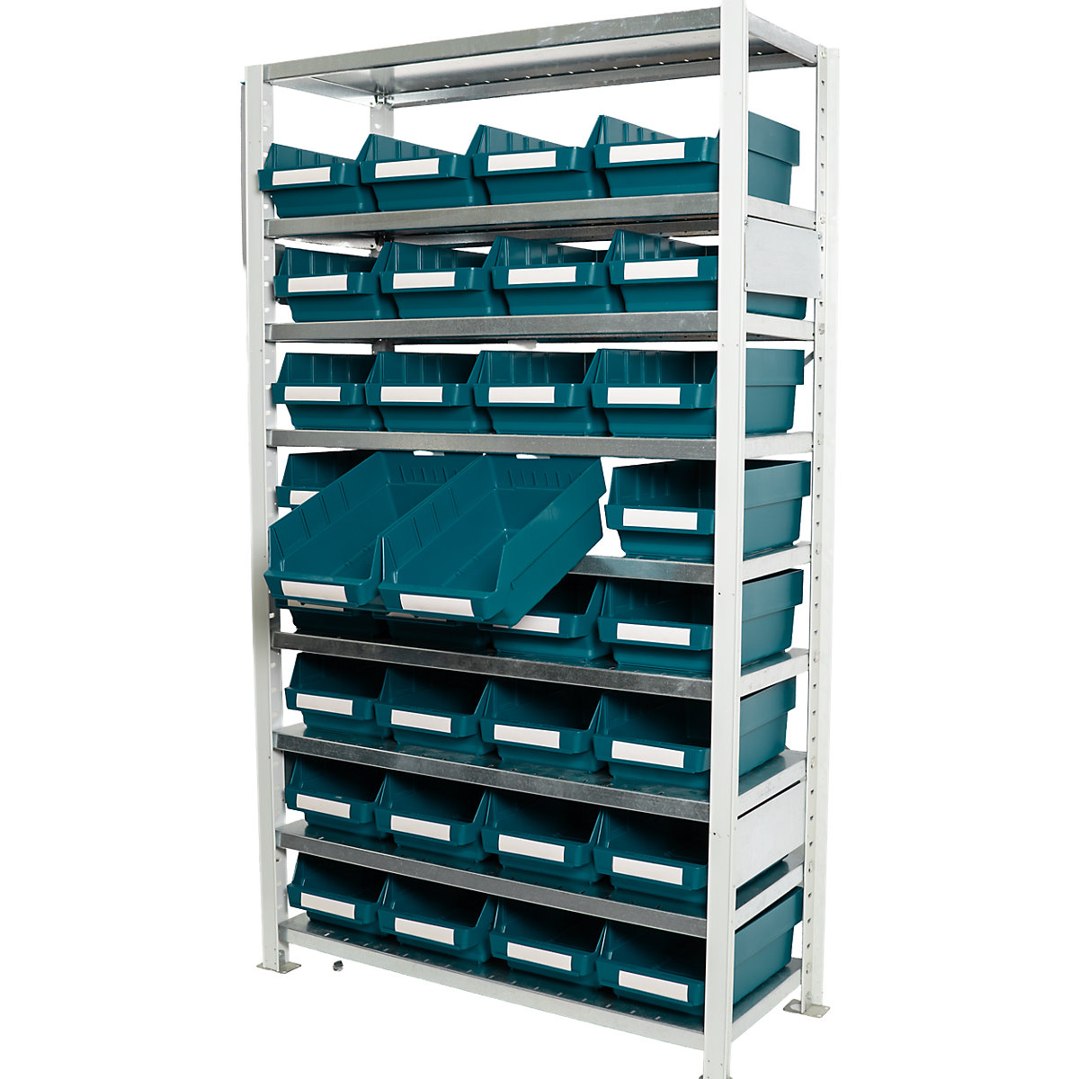 STEMO Boltless Small Parts Shelving Rack Light Grey 1790 mm 32 Green Bins 7