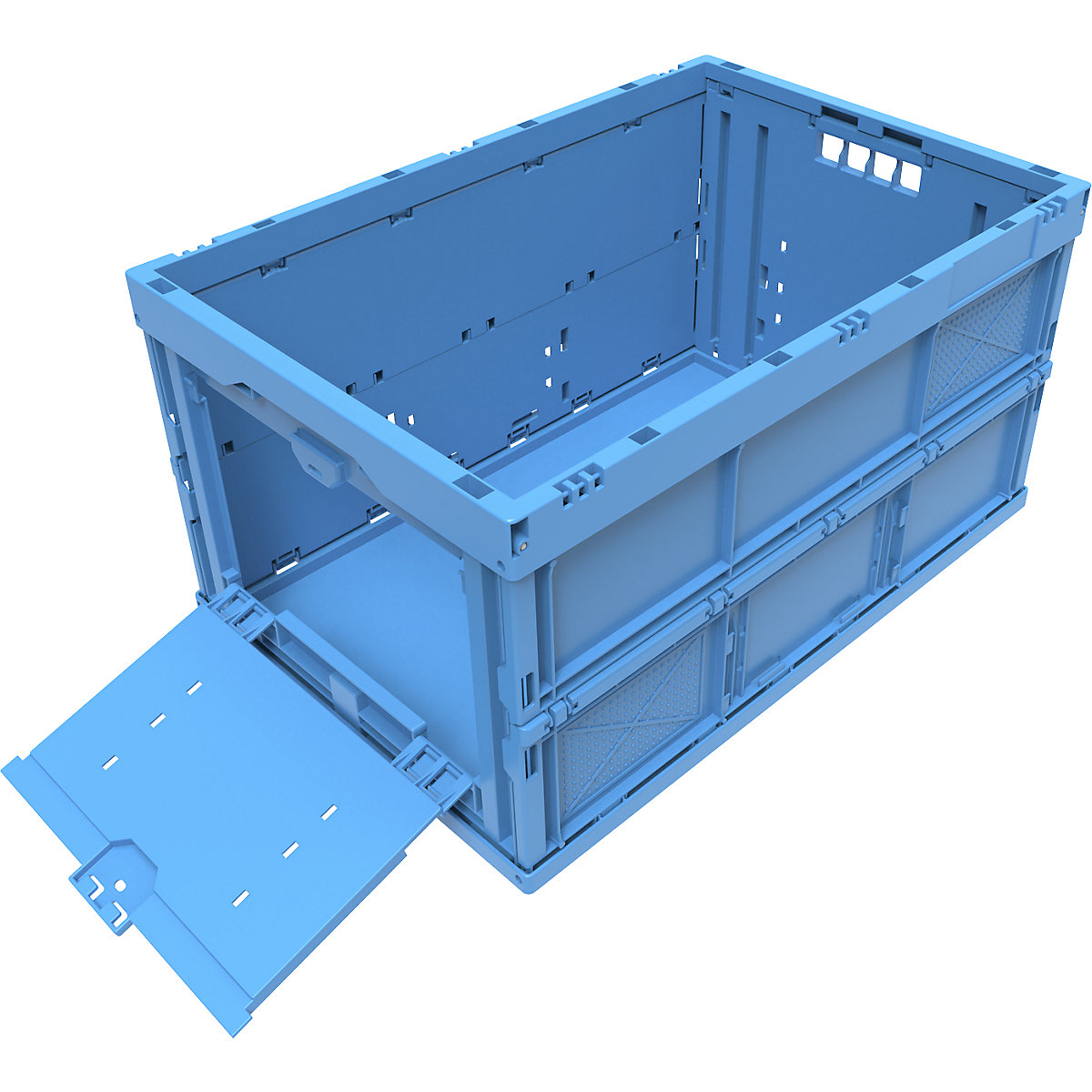 Faltbox aus Polypropylen, Inhalt 65 l, geschlossen mit stirnseitiger Entnahmeklappe, blau, ohne Deckel