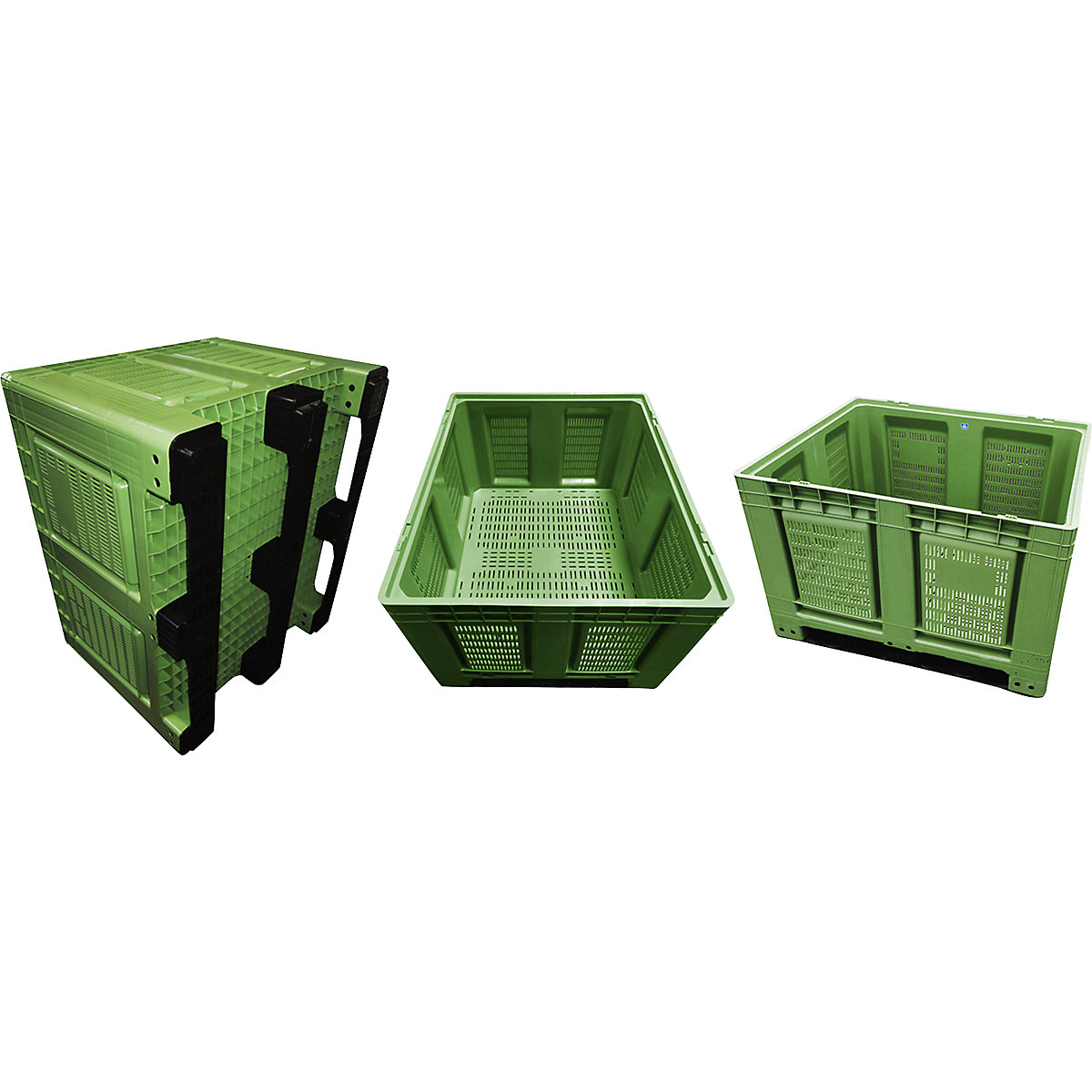 Palettenbehälter, aus HDPE, LxBxH 1200 x 1000 x 790 mm, 3 Kufen, geschlitzt, grün