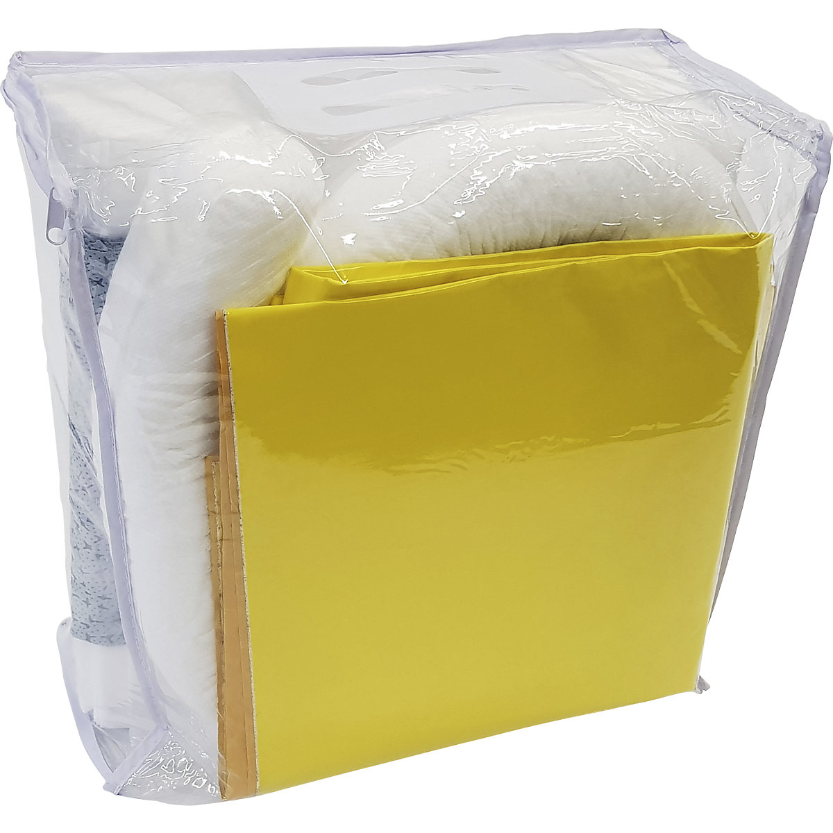 Leakage emergency kit with single use sealing mat, bag, sealing mat, sheeting, absorption 20 l, oil version, white
