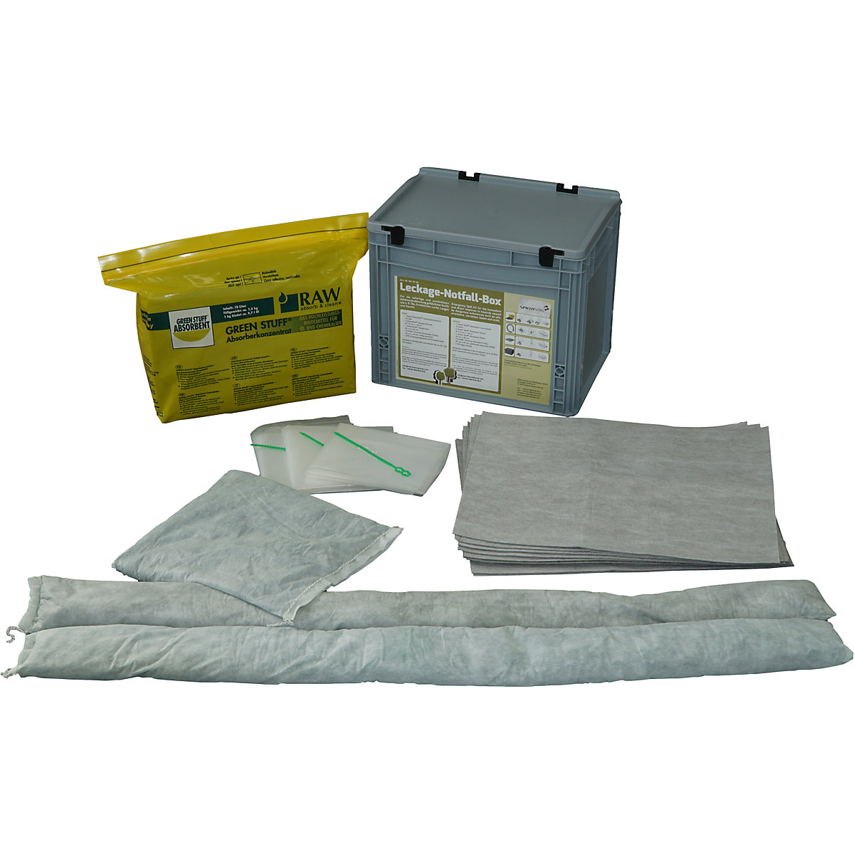 Spillage emergency set, absorbent concentrate, absorbent sheeting, absorbent socks, absorbent cushion, disposal bag