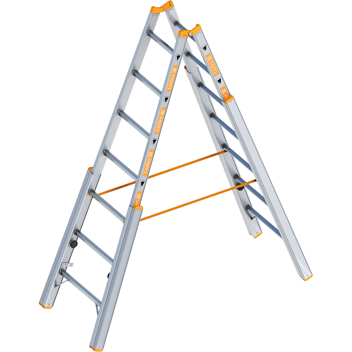 Treppen-Stehleiter Layher, mit Niveauausgleich, beidseitig begehbar, 7 Sprossen