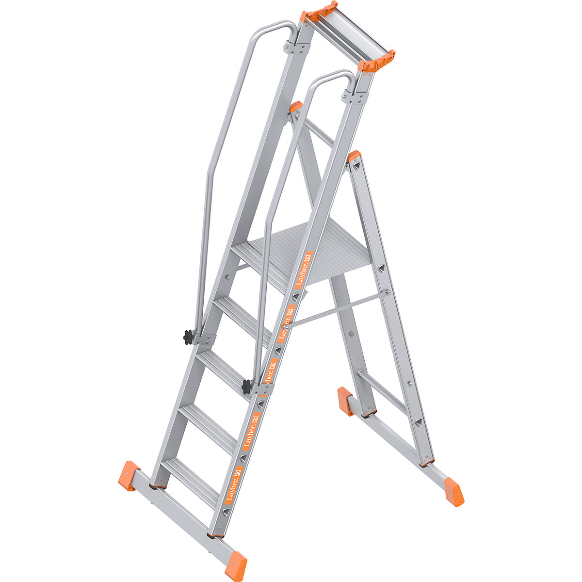 Aluminijasta lestev s ploščadjo – Layher, enostransko vzpenjanje, zložljiva, 5 stopnic