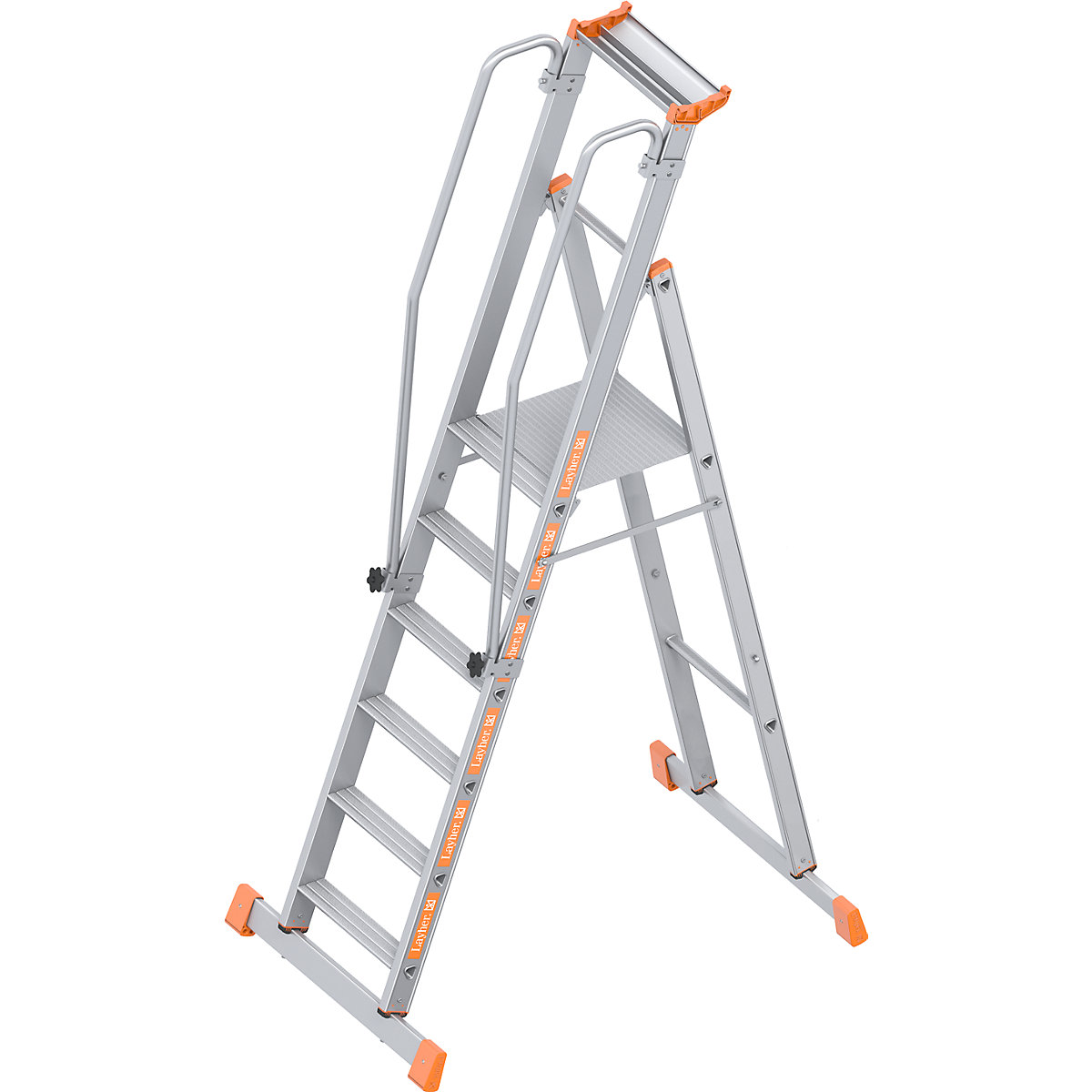 Aluminijasta lestev s ploščadjo – Layher, enostransko vzpenjanje, zložljiva, 6 stopnic