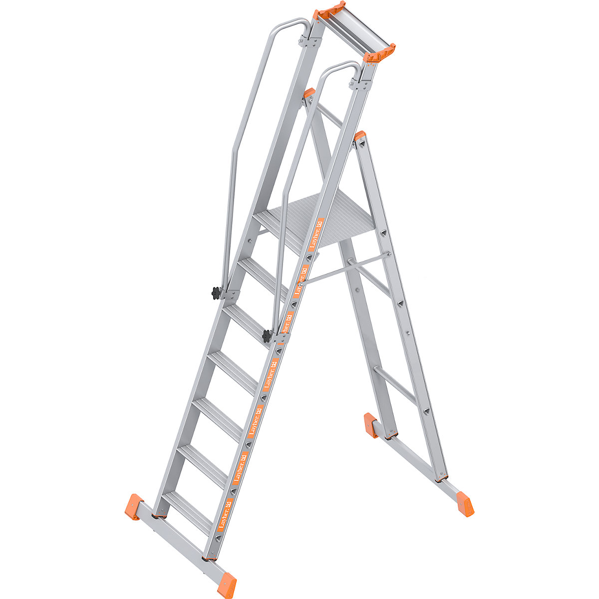 Aluminijasta lestev s ploščadjo – Layher, enostransko vzpenjanje, zložljiva, 7 stopnic